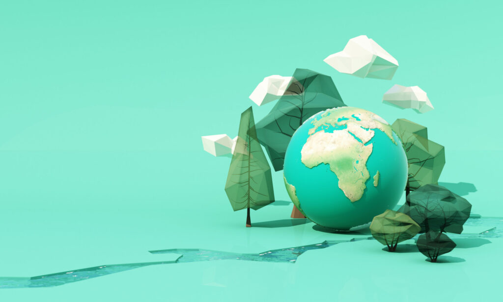 innovative-Poster-Or-Banner-Of-World-Environment-Day-with-low-poly-tree-and-cloud-and-river-on-the-floor-with-globe-earth-on-green-background-3d-rendering-illustration