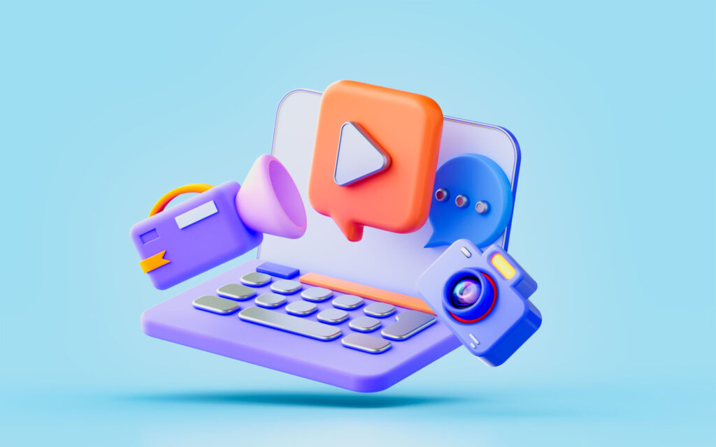 laptop sign with camera video recorder message chat 3d render concept